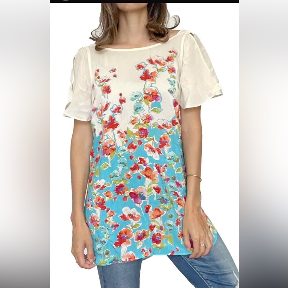 Maeve 100% Silk Flutter Sleeve Floral Tunic medium workwear boho‎ prairie
